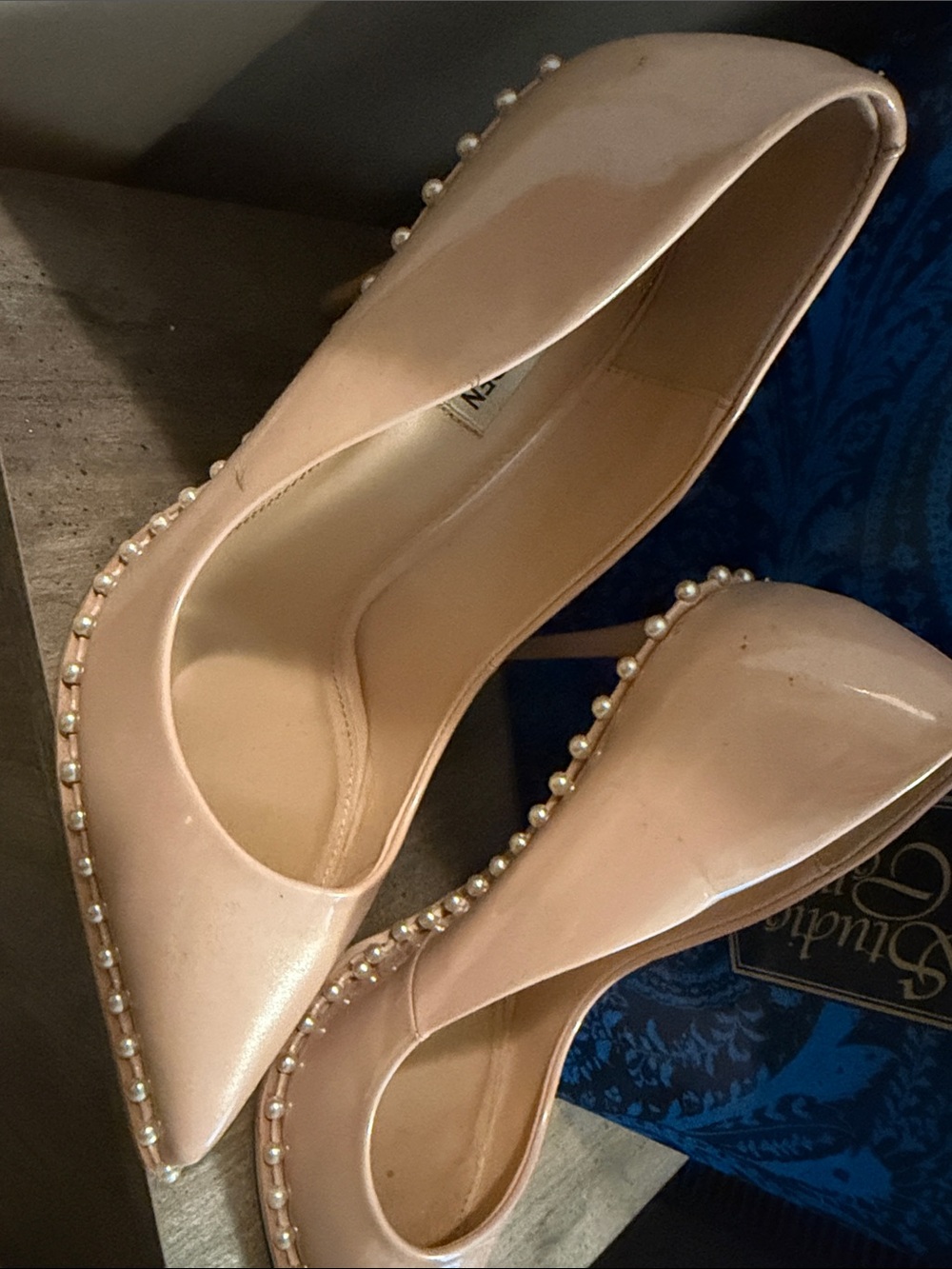 Steve Madden Blush Patent Pointed-Toe Pumps with Pearl Trim